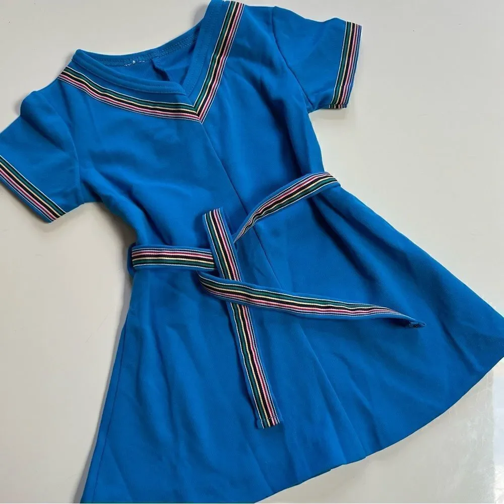 Vintage 1970s Handmade One of a Kind Girl’s Rainbow Trim Belted Dress